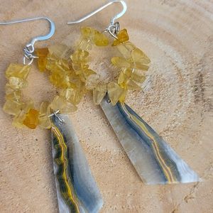 Bumblebee jasper and citrine drop earrings, gemstones dangle earrings